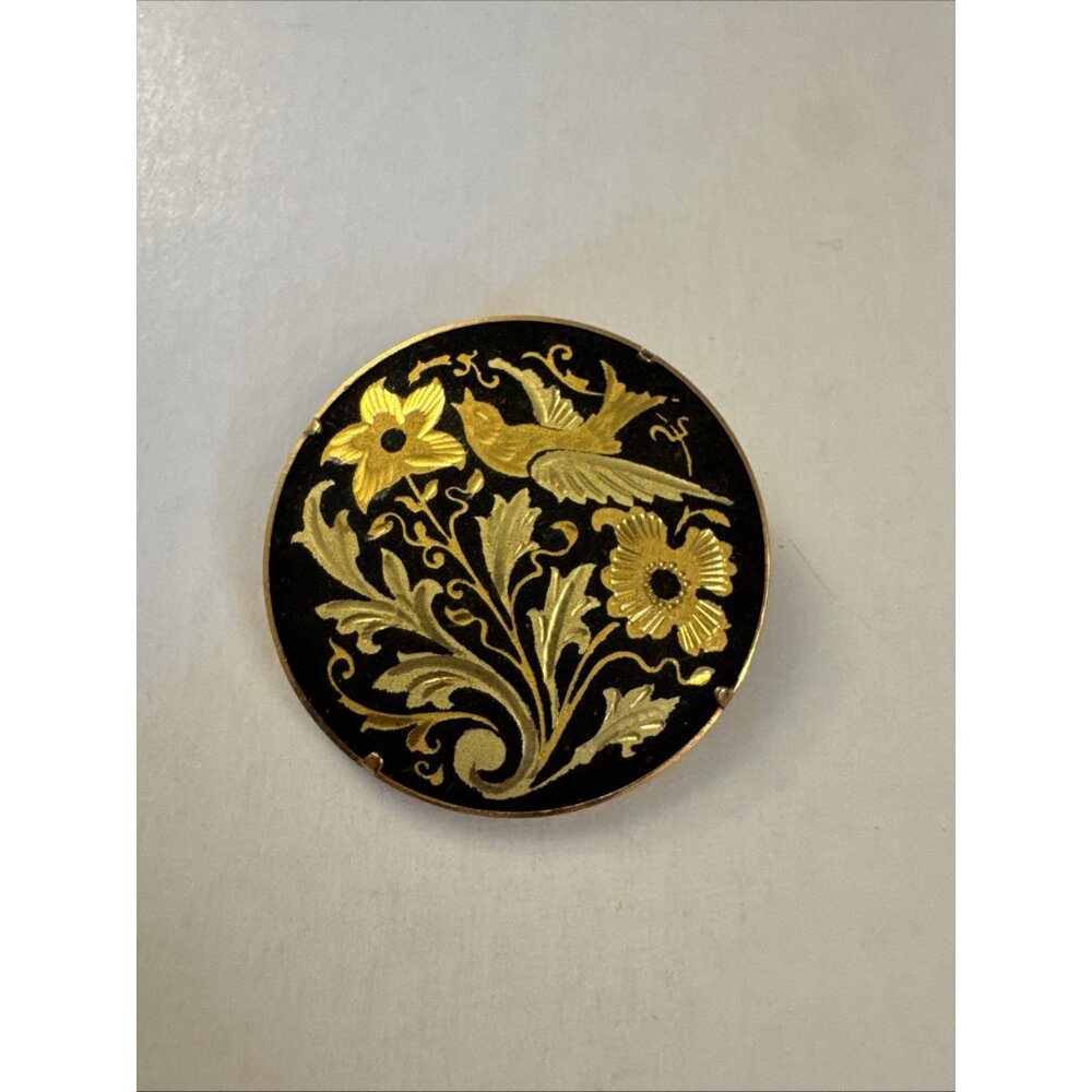 Vintage Spain Damascene Bird Butterfly & Flowers Brooch Pin H17